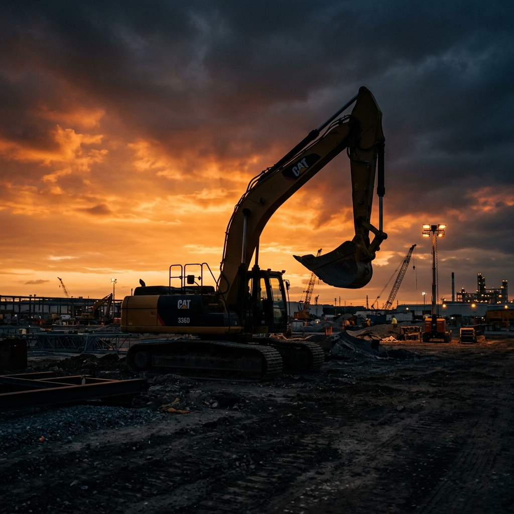 Schwere Baumaschinen bei Sonnenuntergang – Macher und Maschine